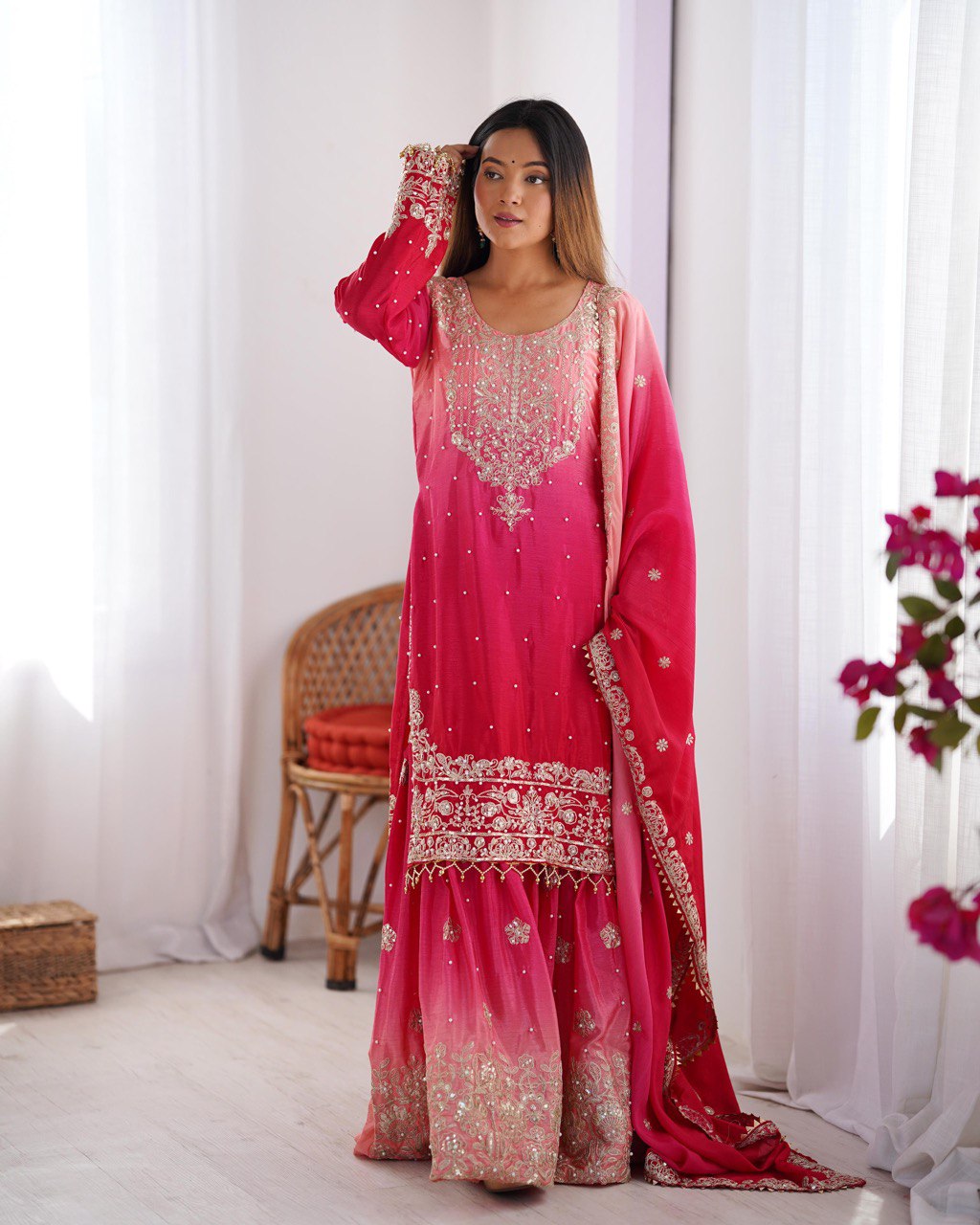 Royal Radiance Chinon Silk Plazo Set with Rivet Moti & Dori Sequins Work