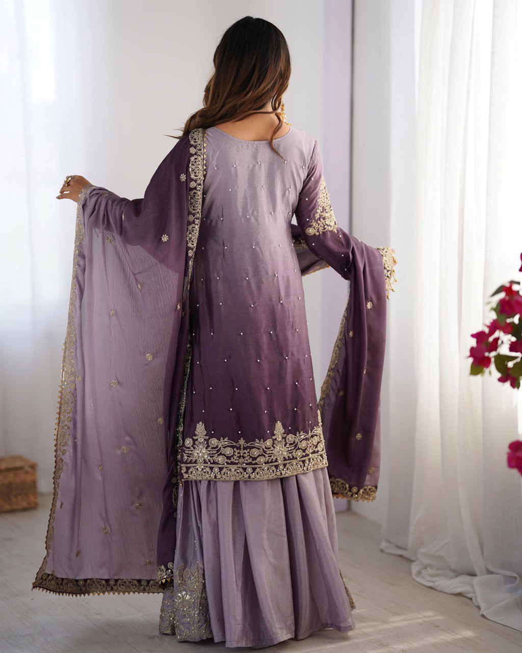 Royal Radiance Chinon Silk Plazo Set with Rivet Moti & Dori Sequins Work