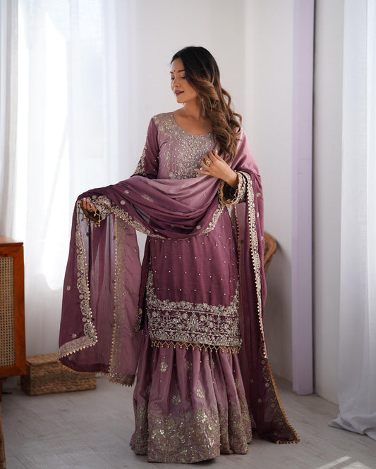 Royal Radiance Chinon Silk Plazo Set with Rivet Moti & Dori Sequins Work