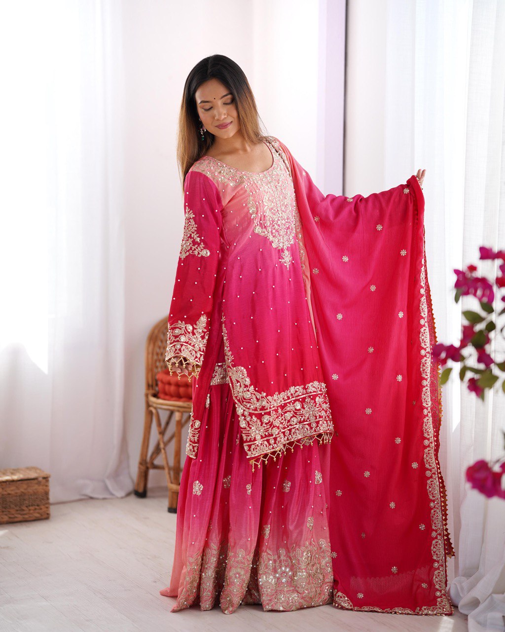 Royal Radiance Chinon Silk Plazo Set with Rivet Moti & Dori Sequins Work