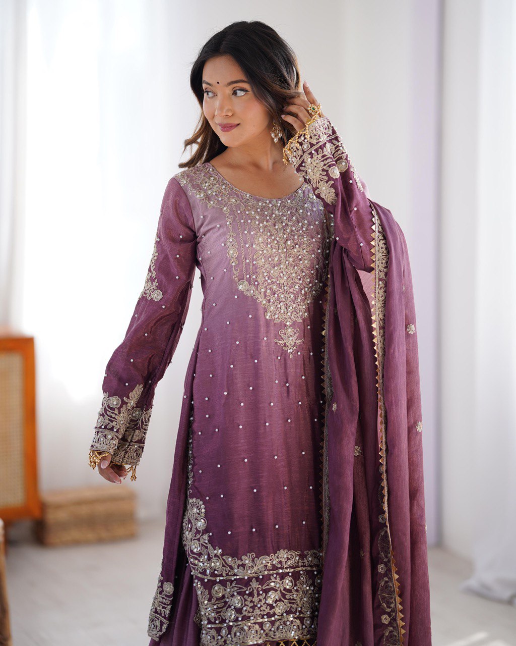 Royal Radiance Chinon Silk Plazo Set with Rivet Moti & Dori Sequins Work