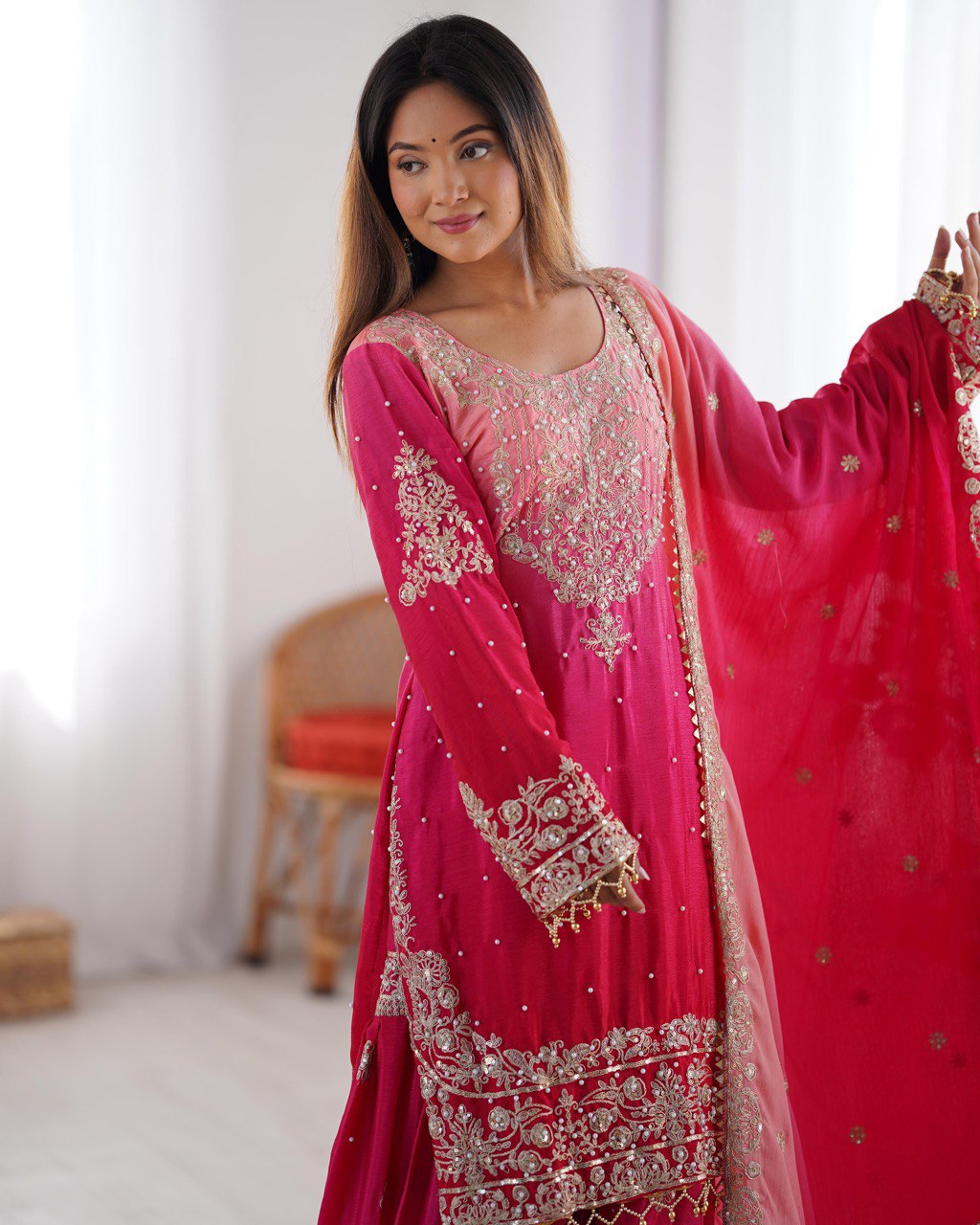 Royal Radiance Chinon Silk Plazo Set with Rivet Moti & Dori Sequins Work