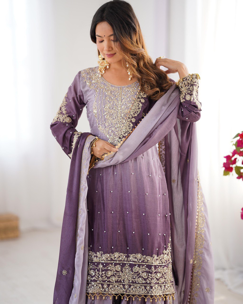 Royal Radiance Chinon Silk Plazo Set with Rivet Moti & Dori Sequins Work