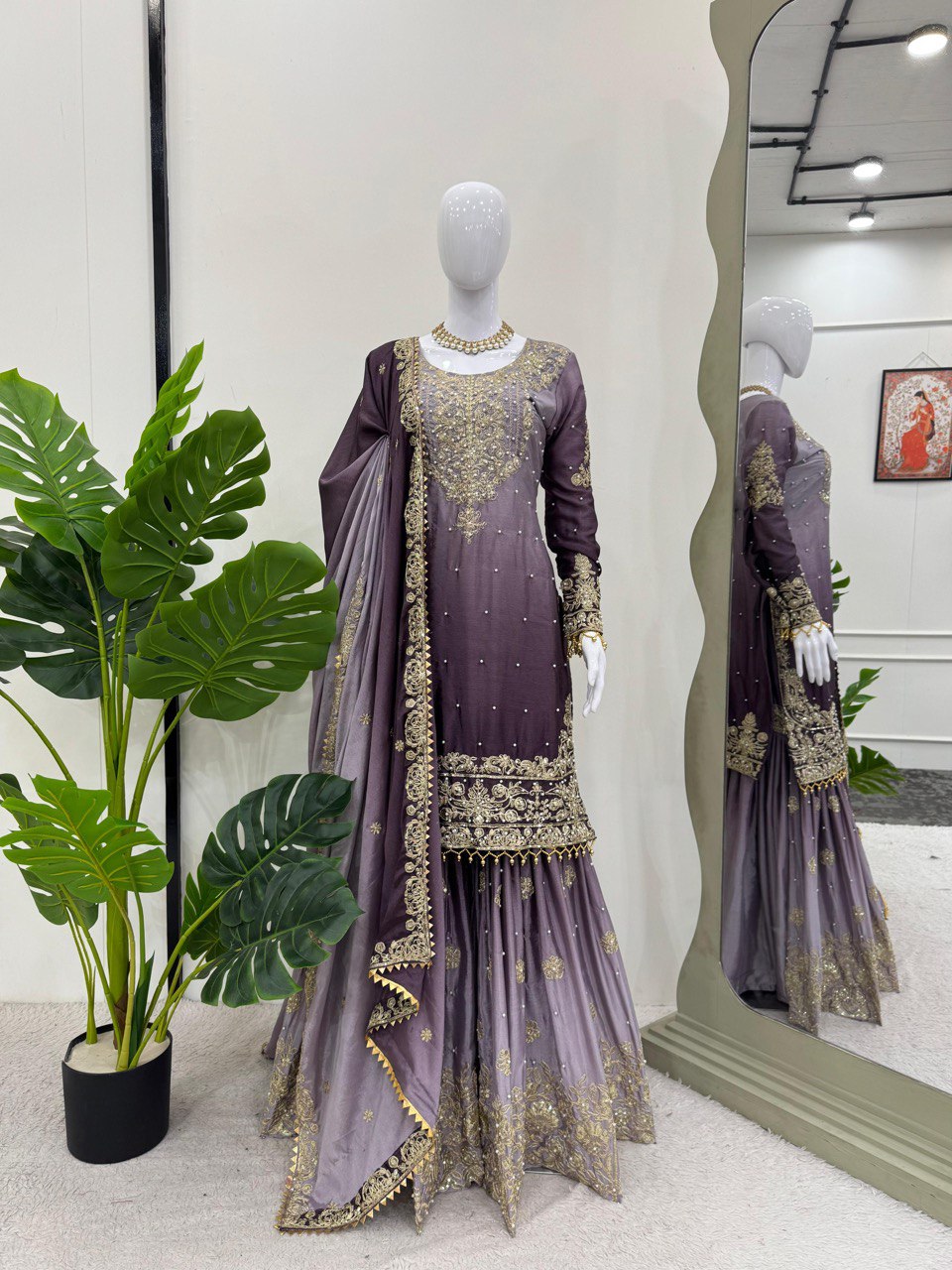 Royal Radiance Chinon Silk Plazo Set with Rivet Moti & Dori Sequins Work