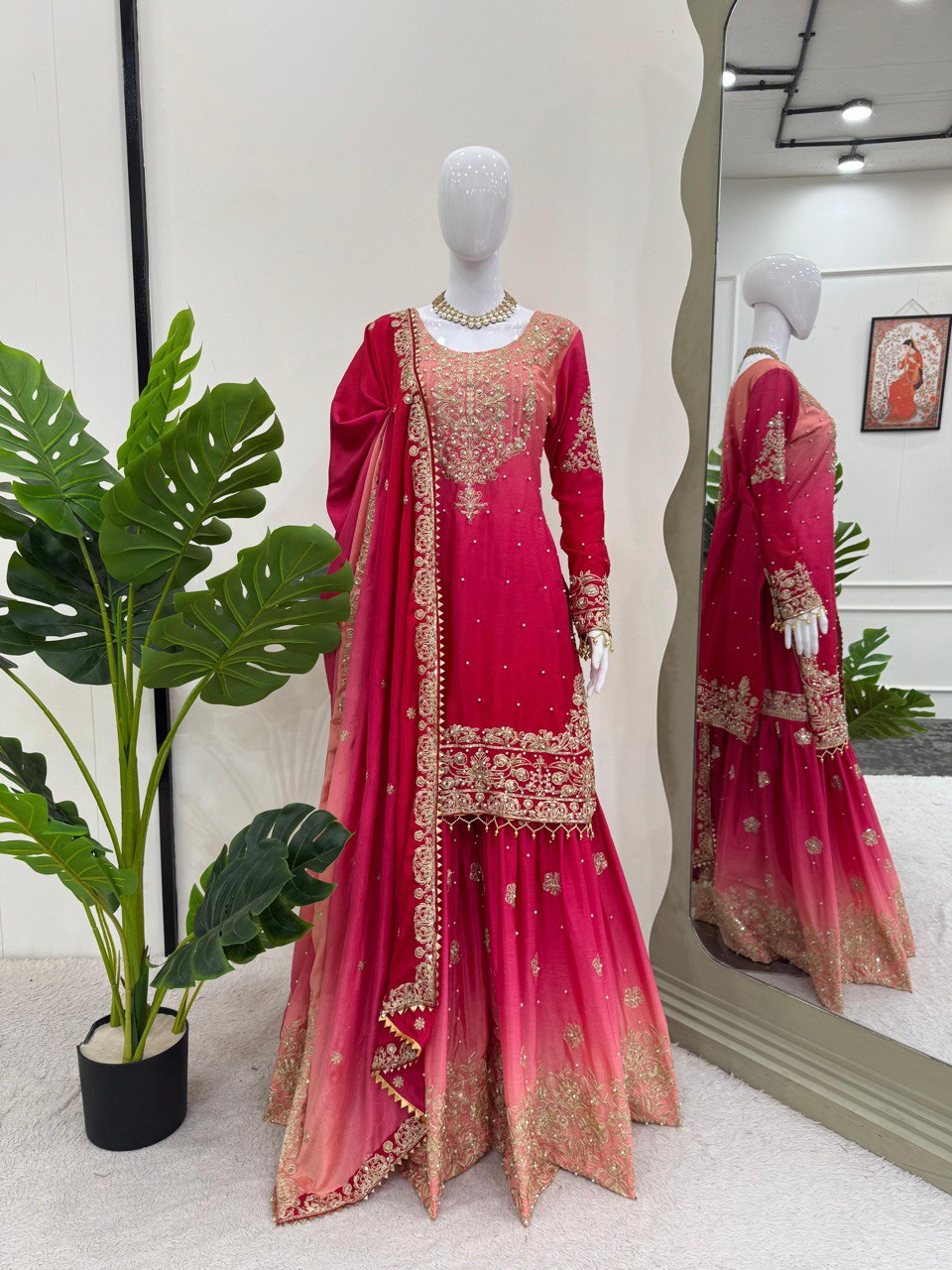 Royal Radiance Chinon Silk Plazo Set with Rivet Moti & Dori Sequins Work