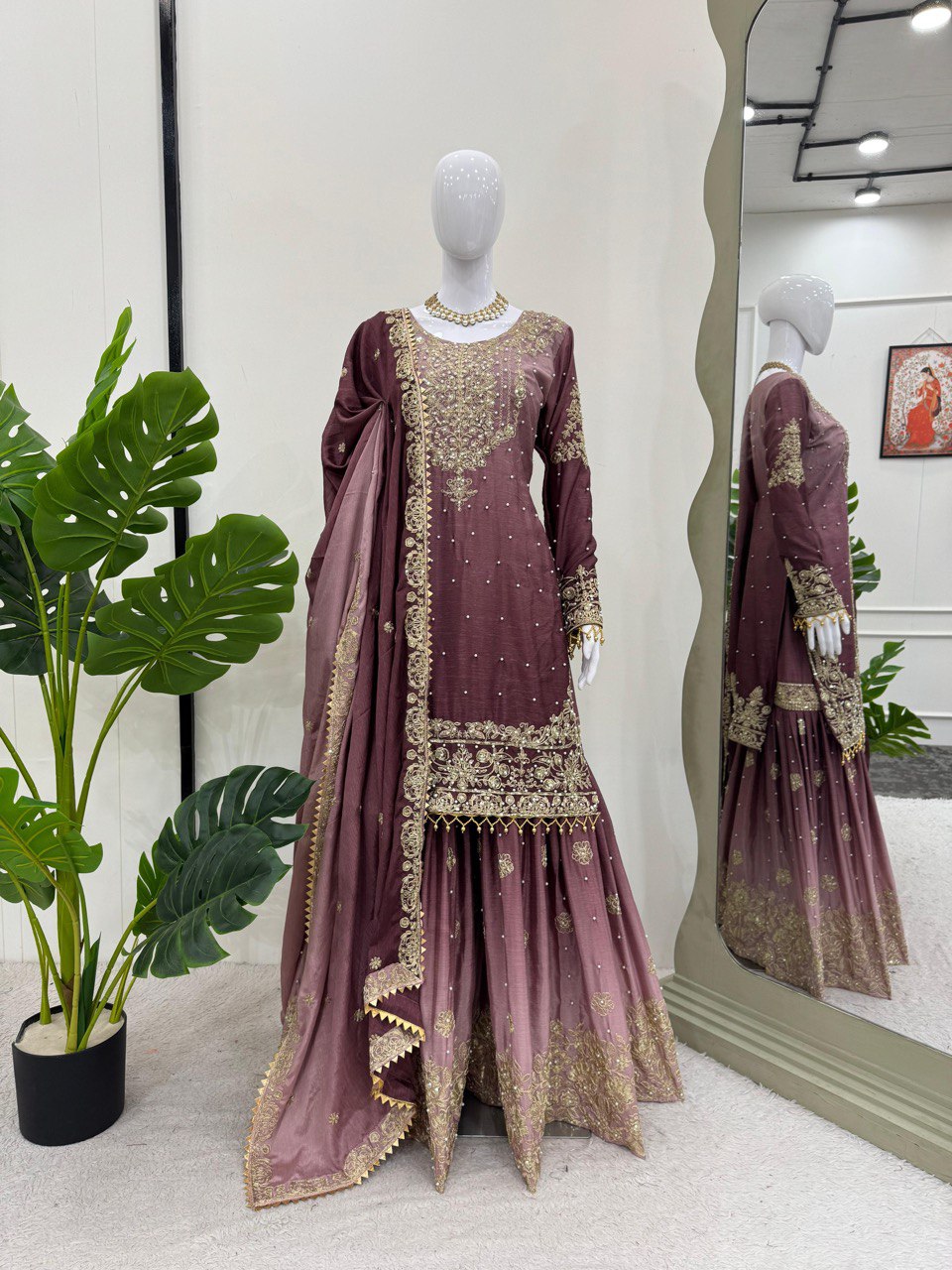 Royal Radiance Chinon Silk Plazo Set with Rivet Moti & Dori Sequins Work