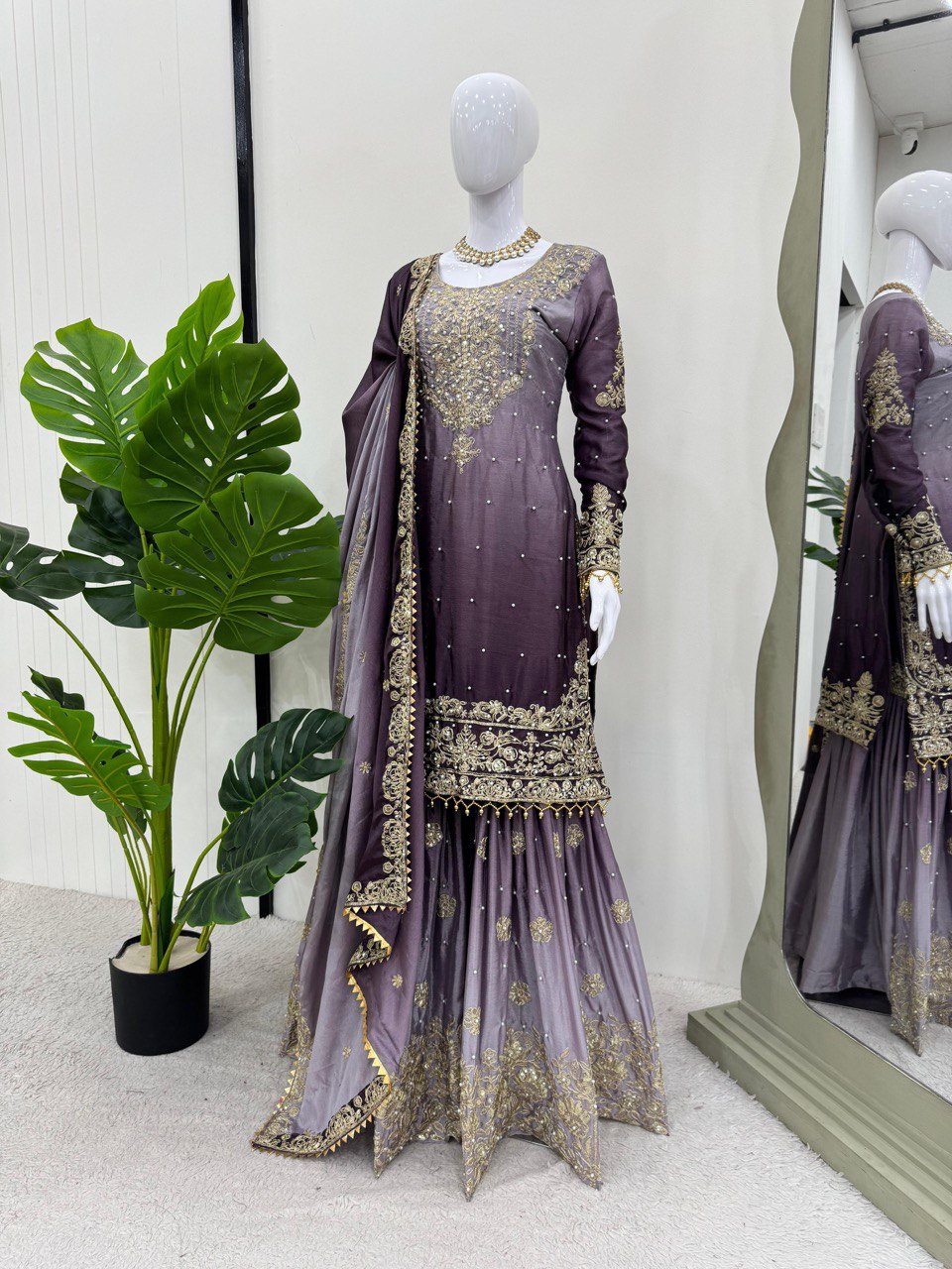 Royal Radiance Chinon Silk Plazo Set with Rivet Moti & Dori Sequins Work