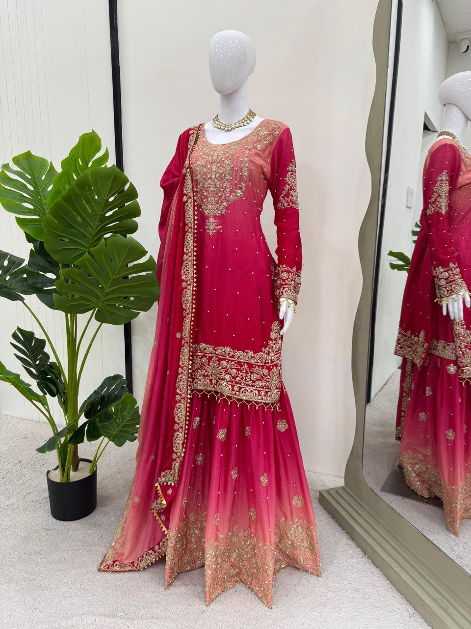 Royal Radiance Chinon Silk Plazo Set with Rivet Moti & Dori Sequins Work