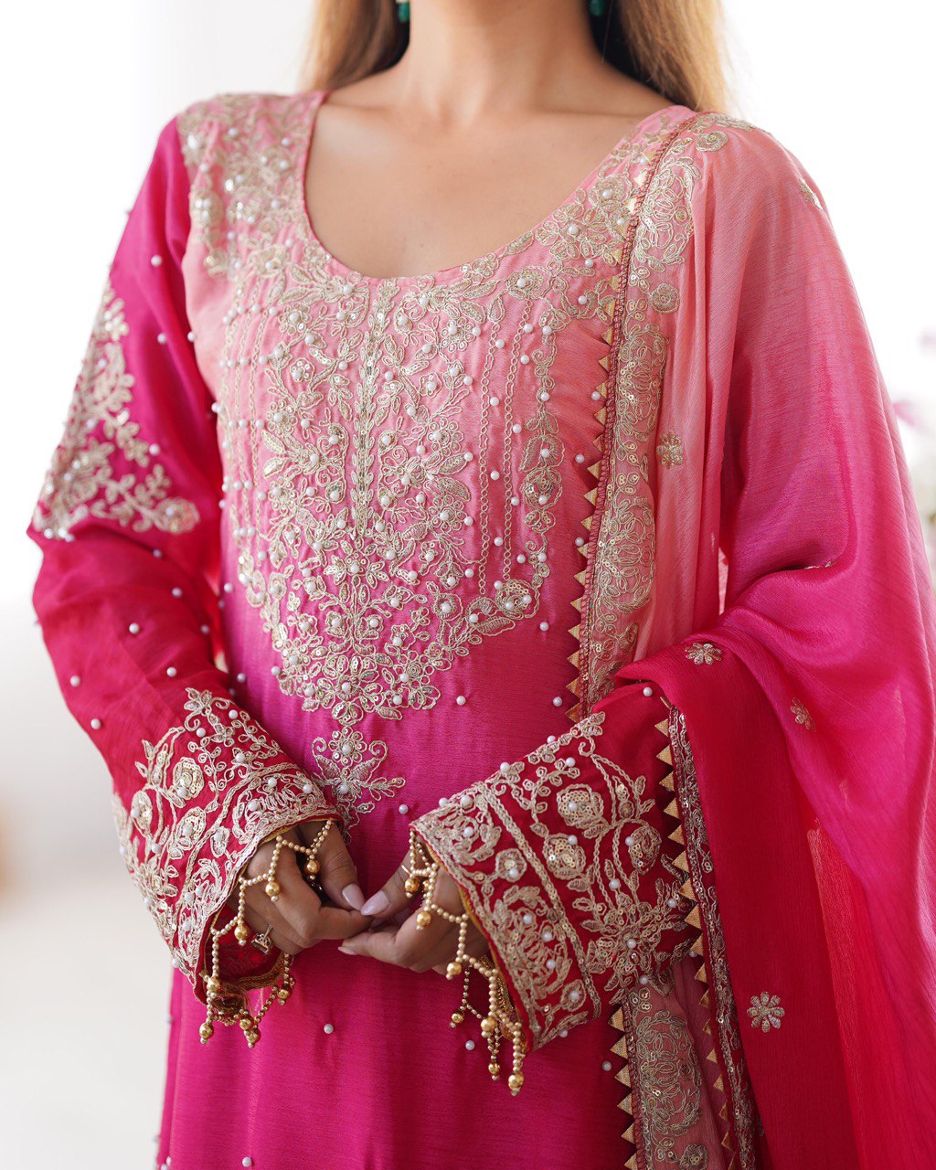 Royal Radiance Chinon Silk Plazo Set with Rivet Moti & Dori Sequins Work