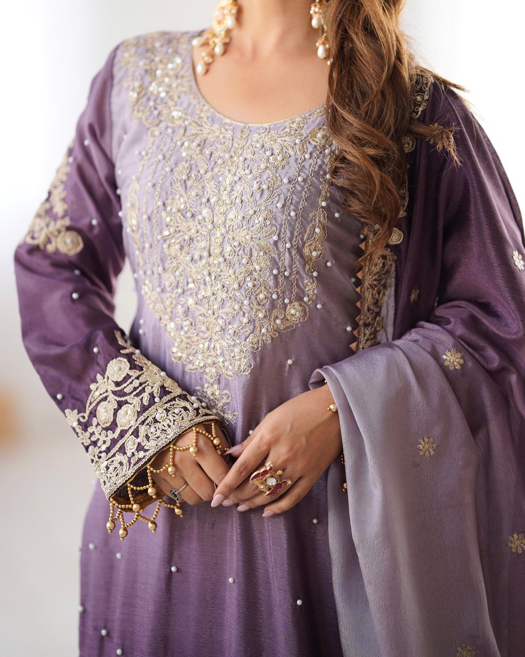 Royal Radiance Chinon Silk Plazo Set with Rivet Moti & Dori Sequins Work