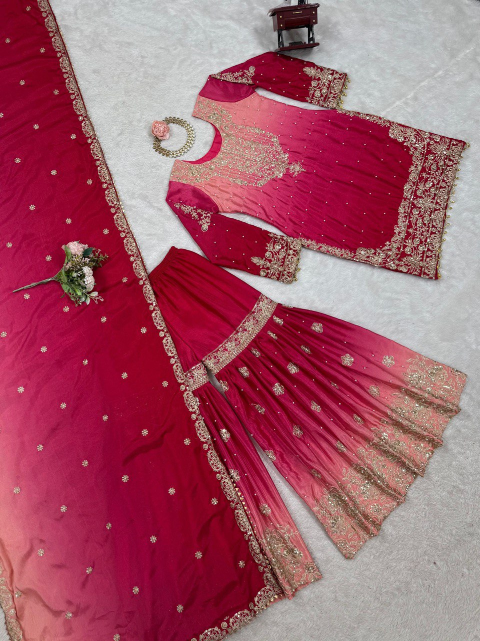 Royal Radiance Chinon Silk Plazo Set with Rivet Moti & Dori Sequins Work