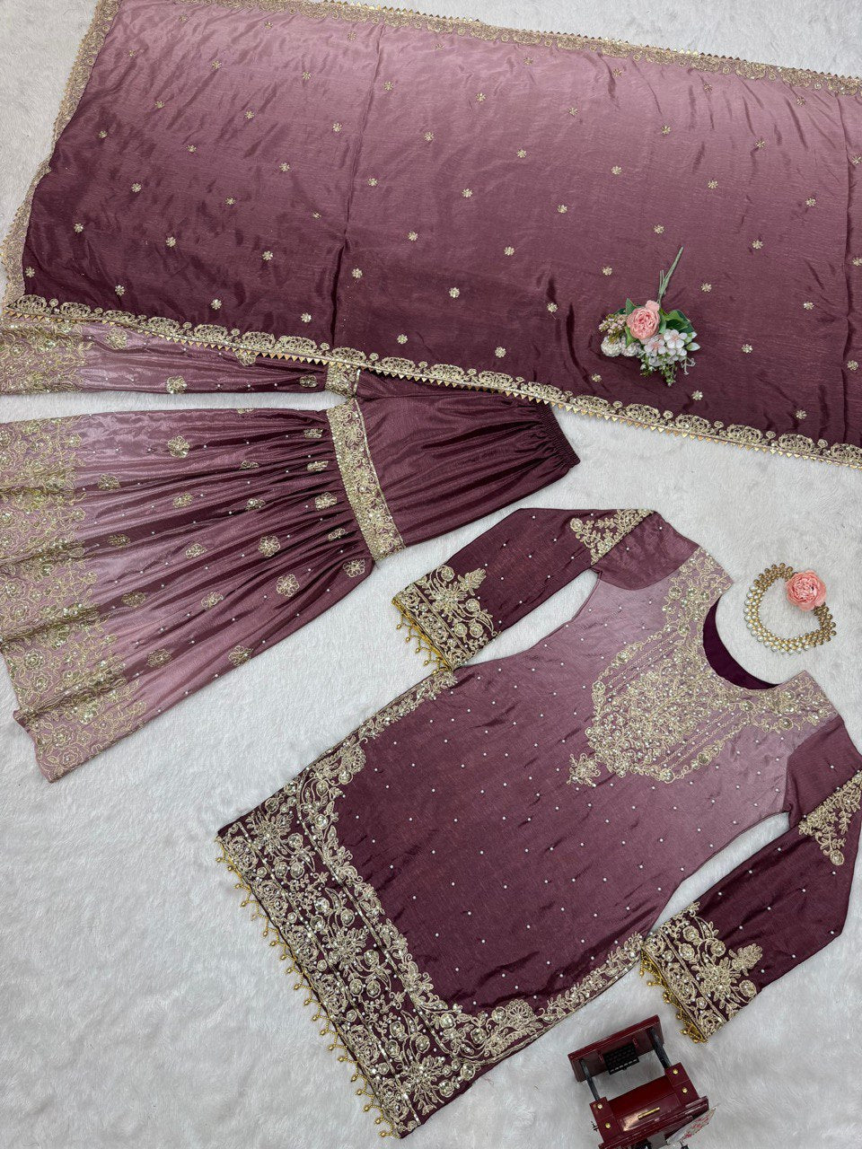 Royal Radiance Chinon Silk Plazo Set with Rivet Moti & Dori Sequins Work