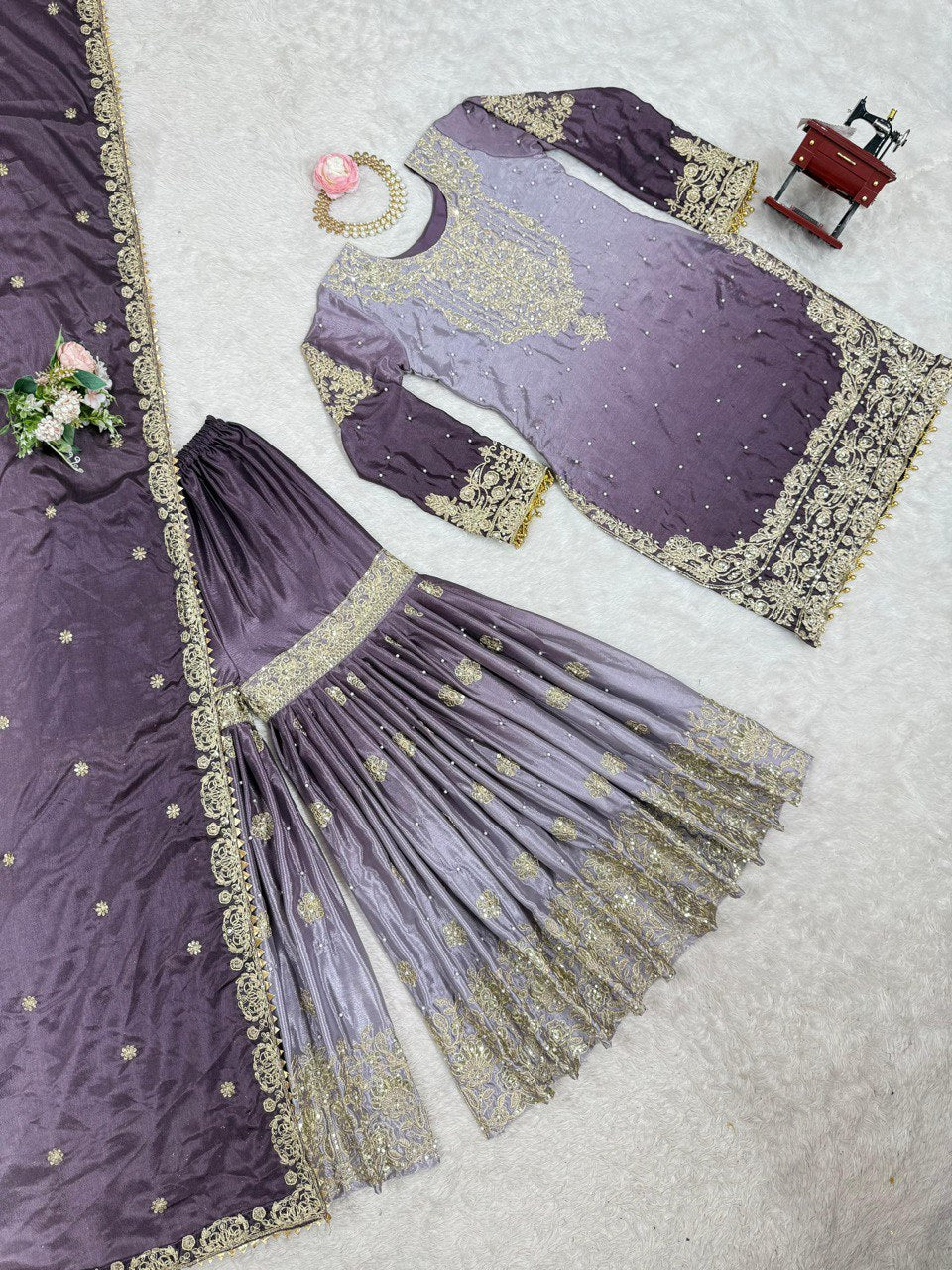 Royal Radiance Chinon Silk Plazo Set with Rivet Moti & Dori Sequins Work