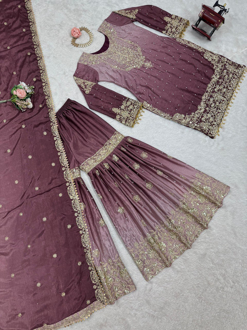 Royal Radiance Chinon Silk Plazo Set with Rivet Moti & Dori Sequins Work