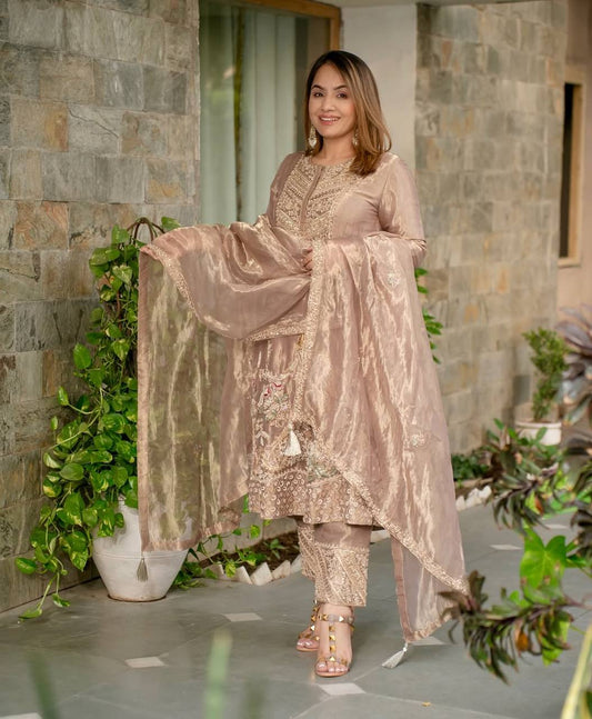 Heavy Embroidery Fandy Silk Suit with Pant & Dupatta