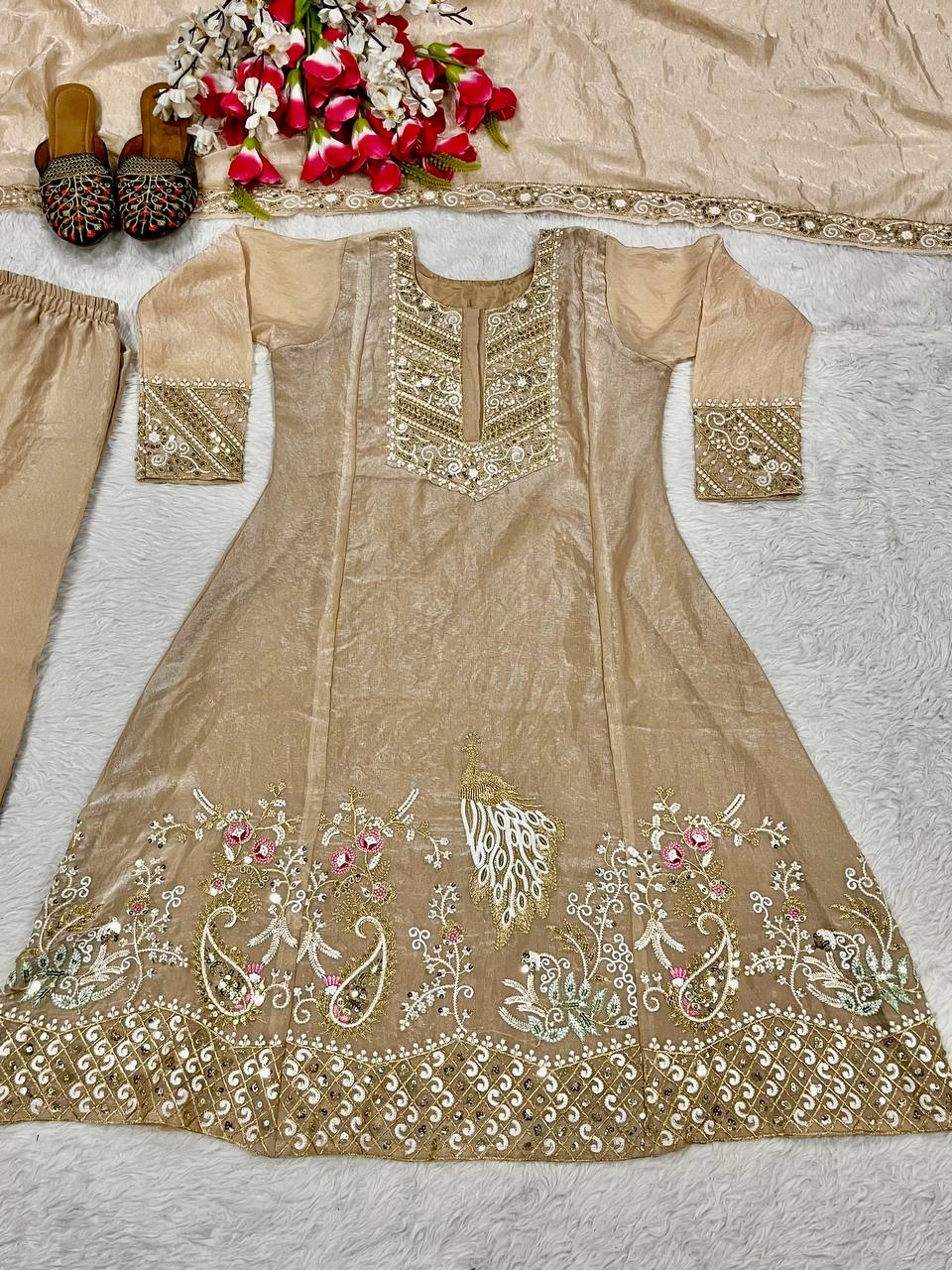 Heavy Embroidery Fandy Silk Suit with Pant & Dupatta