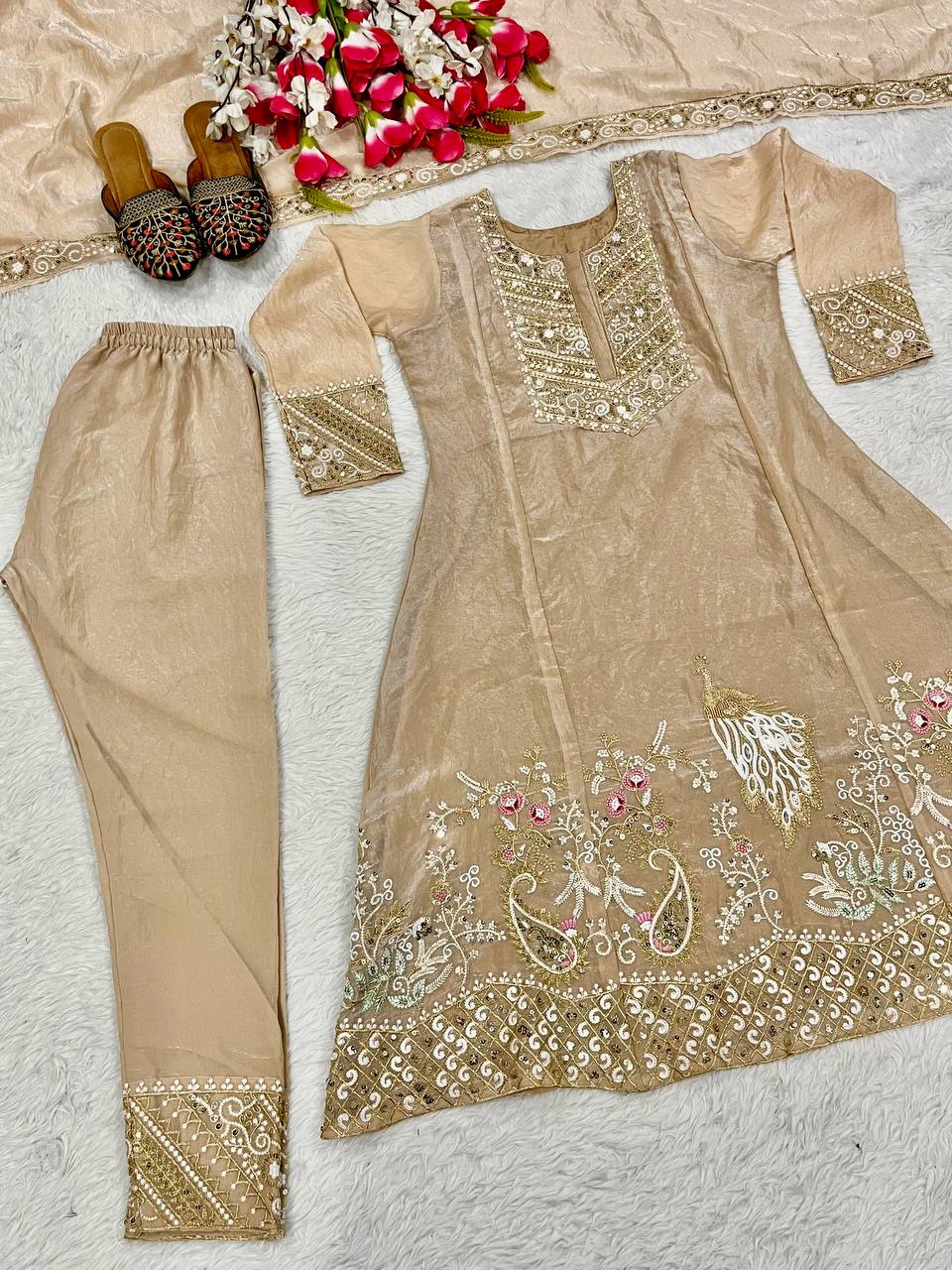 Heavy Embroidery Fandy Silk Suit with Pant & Dupatta
