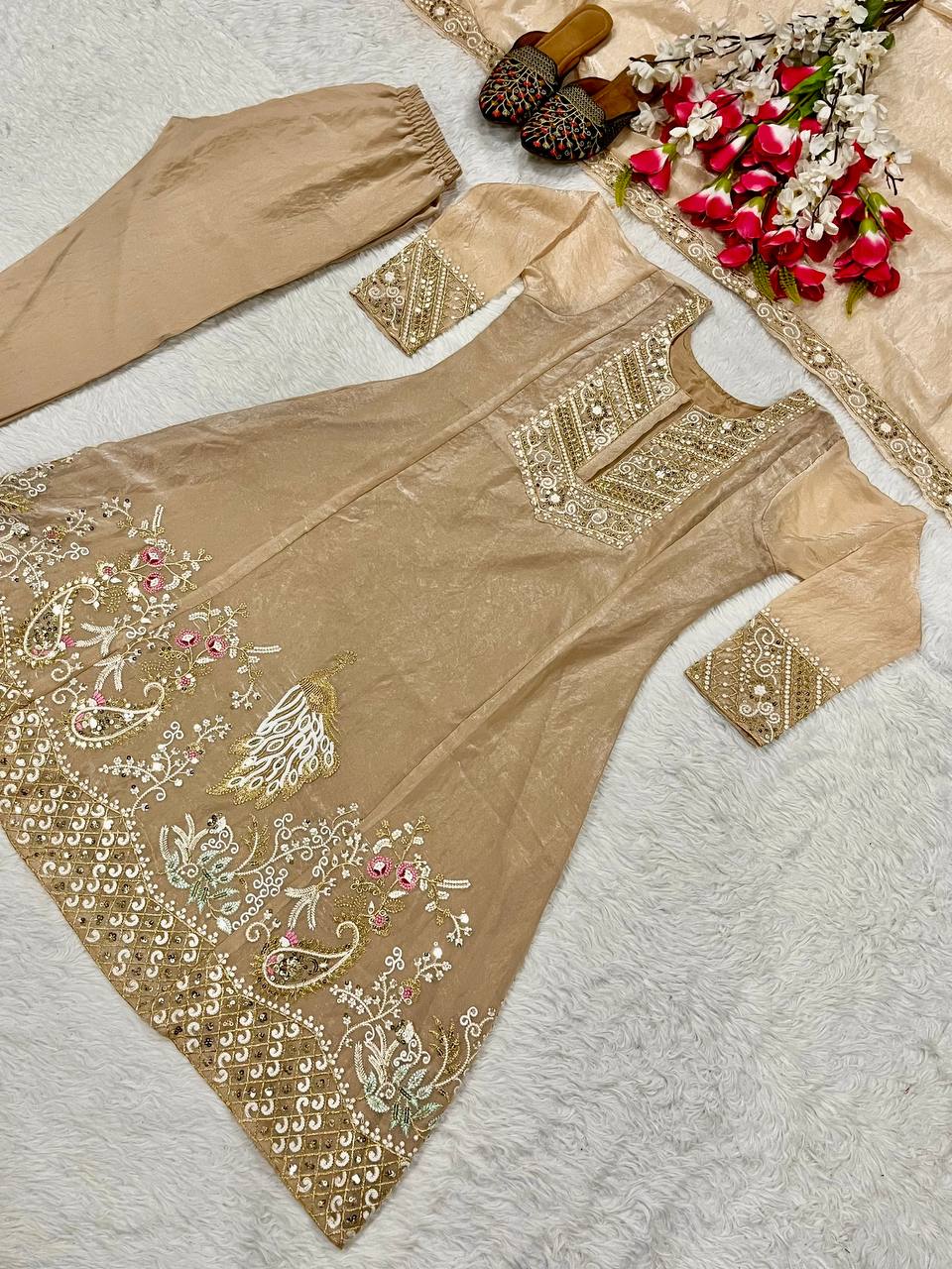 Heavy Embroidery Fandy Silk Suit with Pant & Dupatta