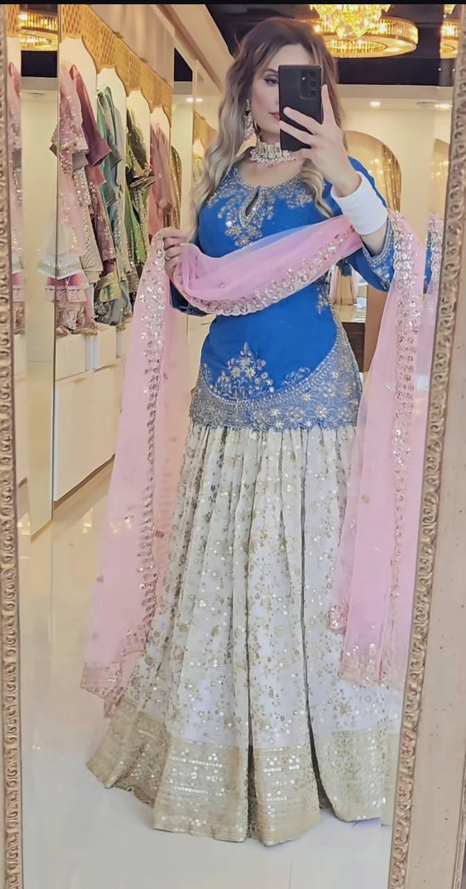 Stunning Semi-Stitched Lehenga with Embroidered Net Dupatta