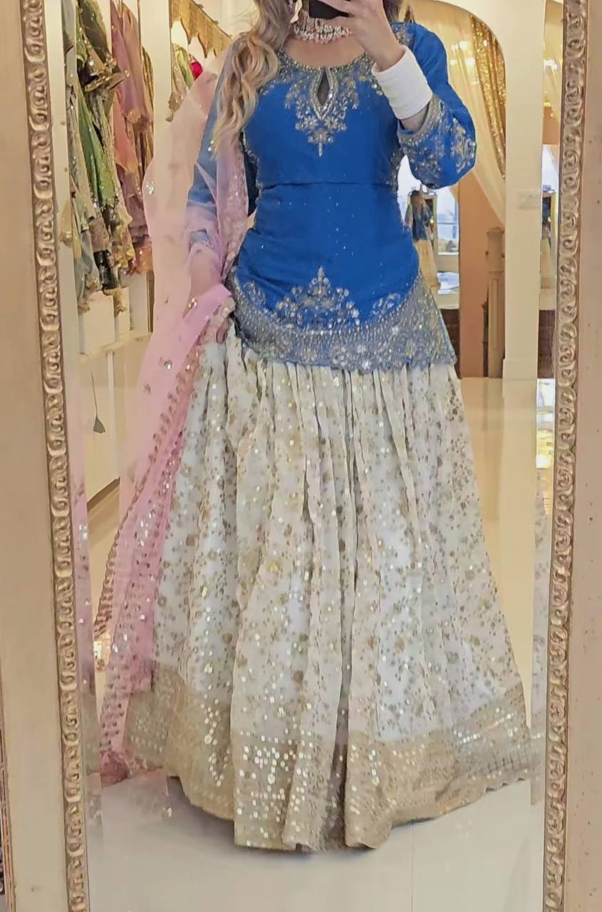 Stunning Semi-Stitched Lehenga with Embroidered Net Dupatta