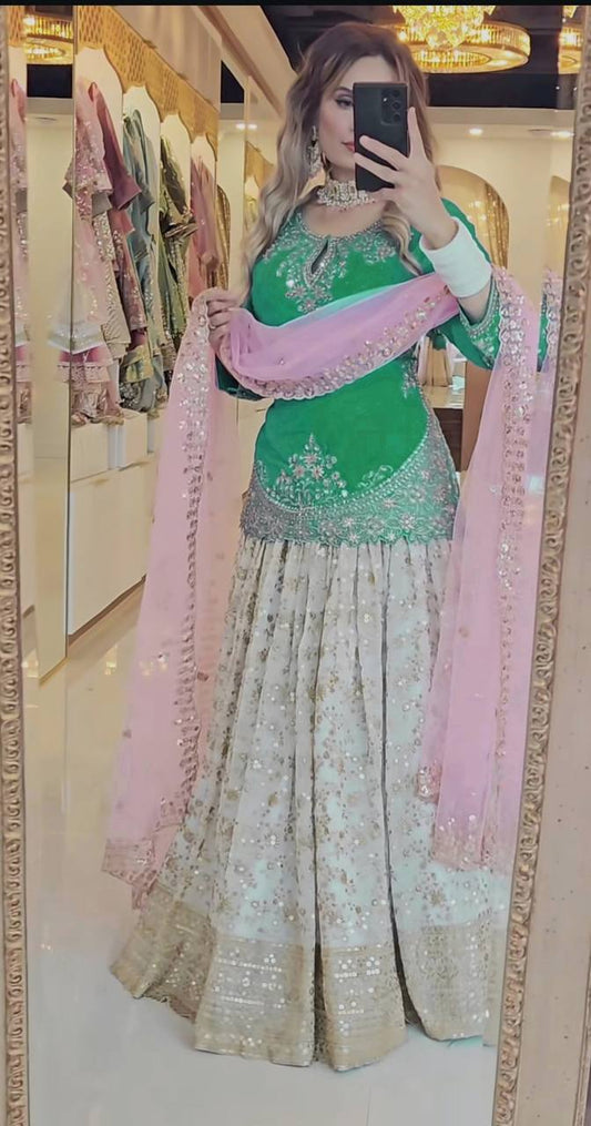 Stunning Semi-Stitched Lehenga with Embroidered Net Dupatta