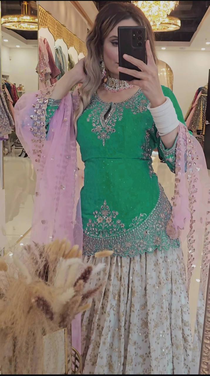 Stunning Semi-Stitched Lehenga with Embroidered Net Dupatta