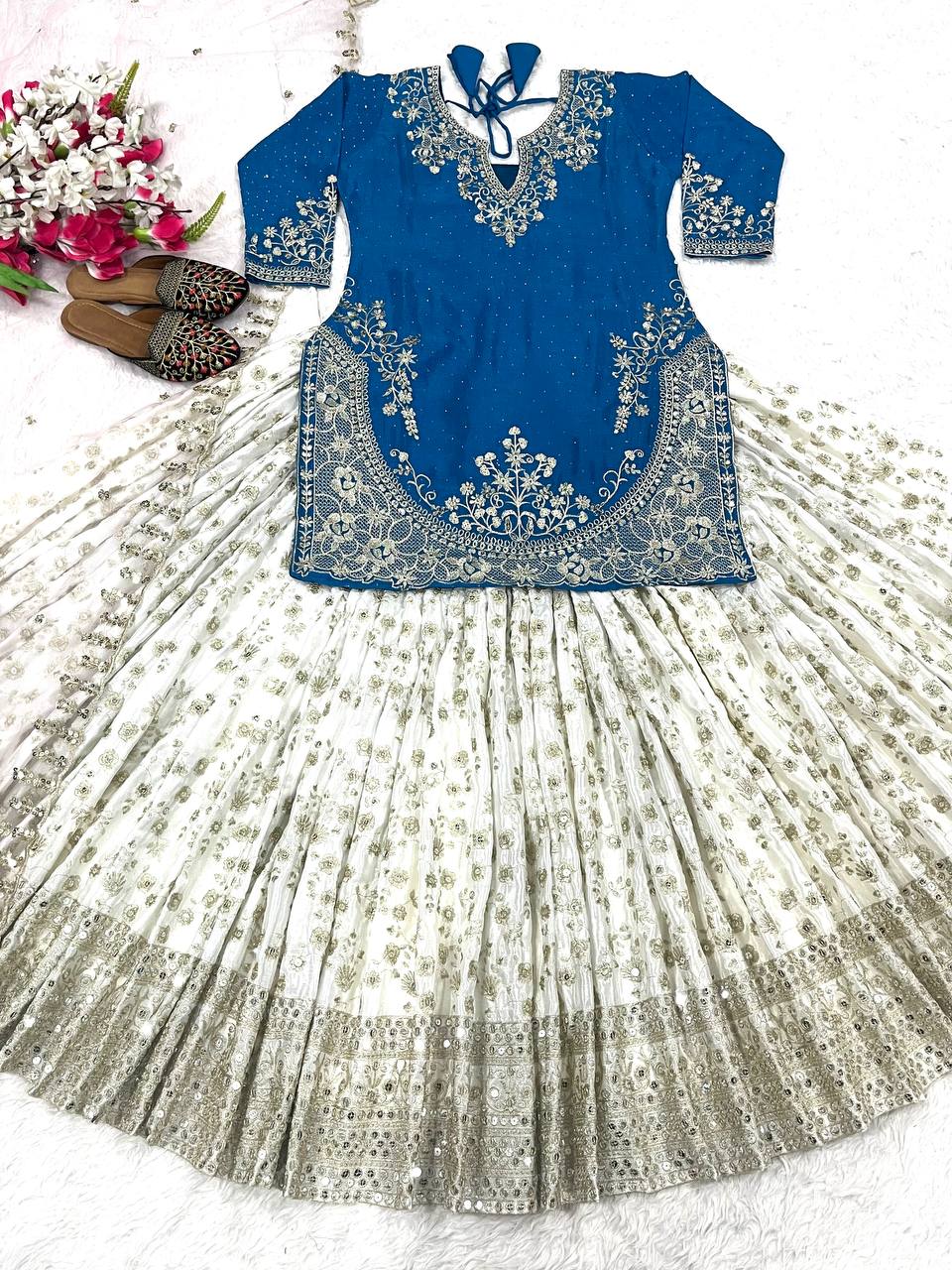 Stunning Semi-Stitched Lehenga with Embroidered Net Dupatta
