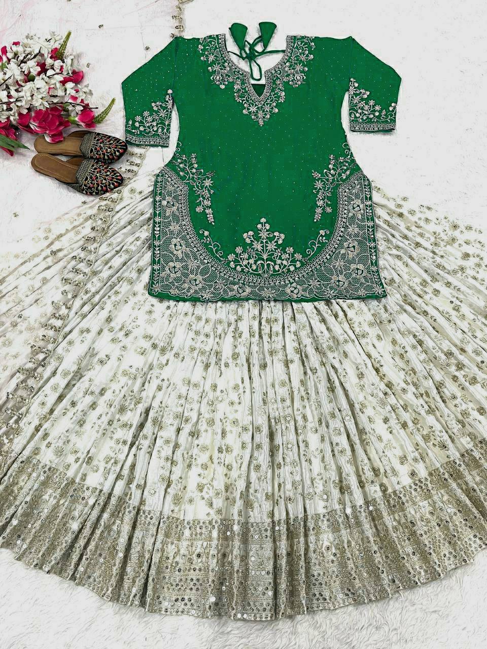 Stunning Semi-Stitched Lehenga with Embroidered Net Dupatta