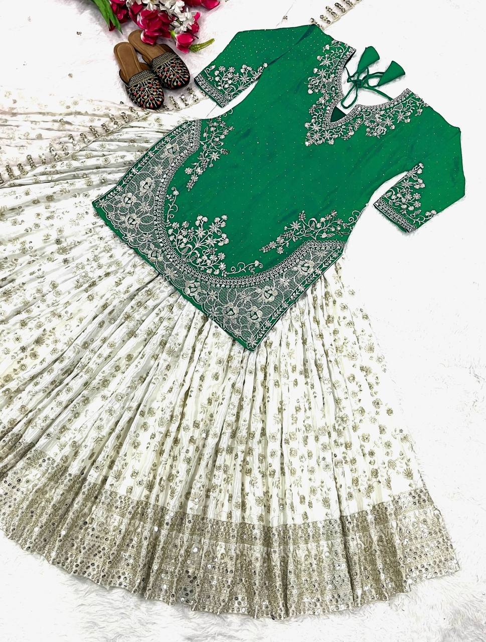 Stunning Semi-Stitched Lehenga with Embroidered Net Dupatta