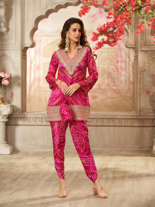 Trendy Dhoti Salwar Set with Embroidered Digital Print Top