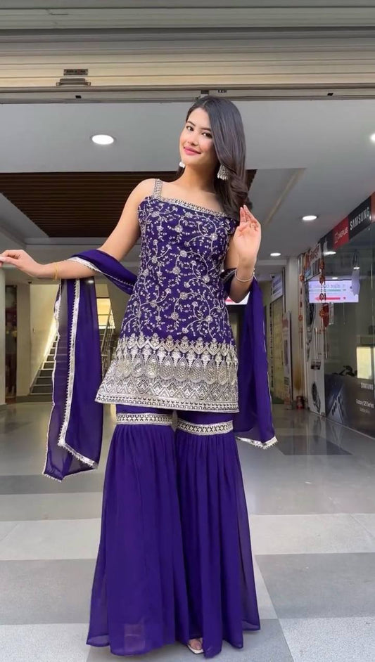 Stylish Georgette Sharara Set with Thread & Sequin Work