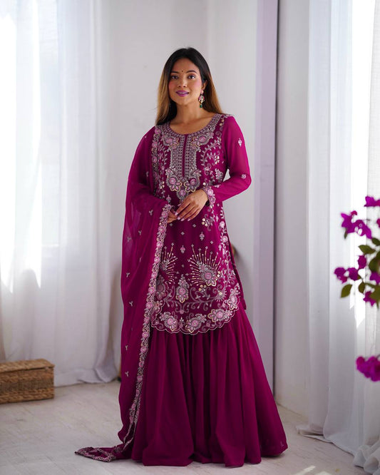 Premium Faux Georgette Sharara Set with All-Side Embroidery Work