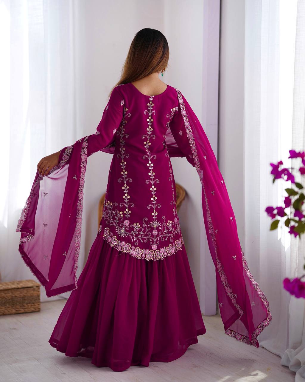 Premium Faux Georgette Sharara Set with All-Side Embroidery Work