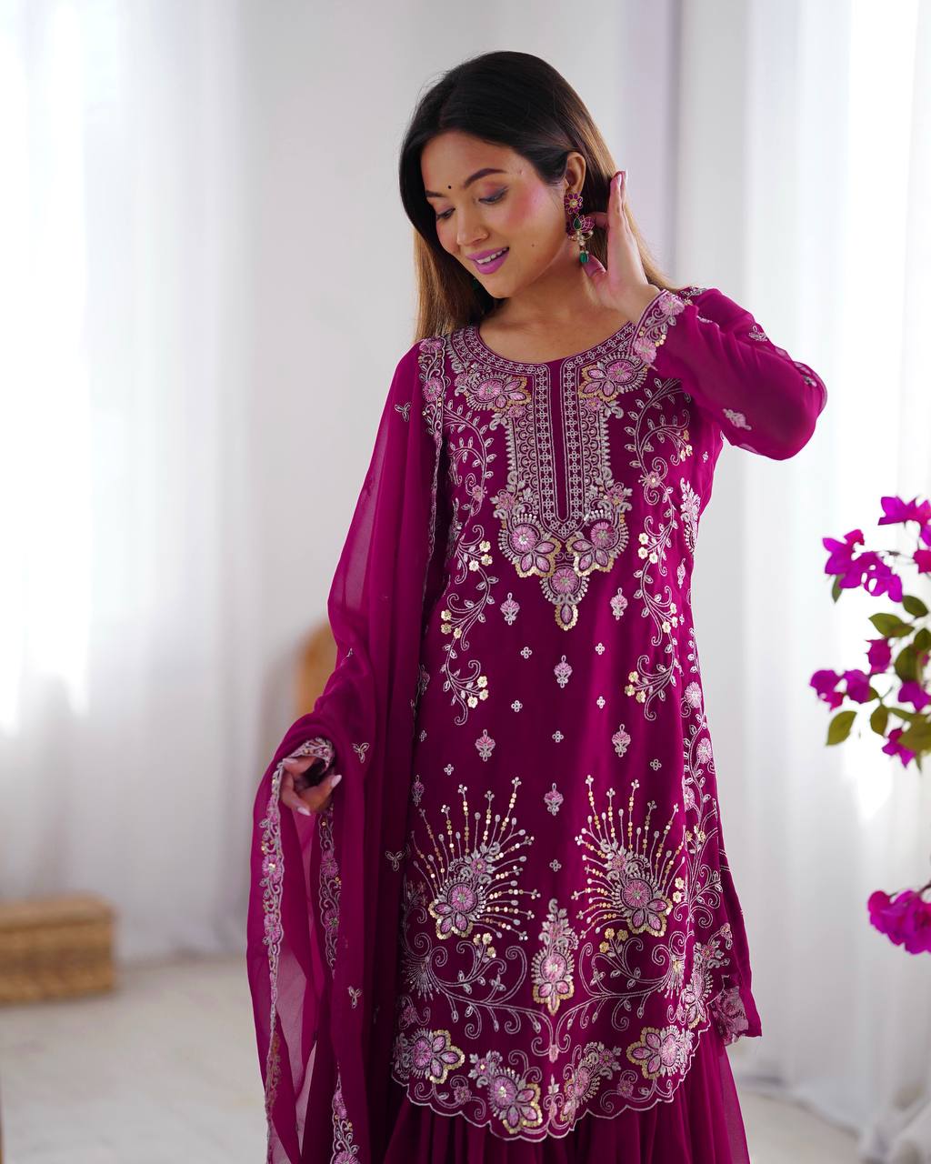 Premium Faux Georgette Sharara Set with All-Side Embroidery Work