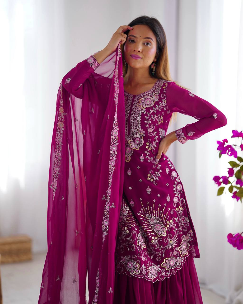 Premium Faux Georgette Sharara Set with All-Side Embroidery Work