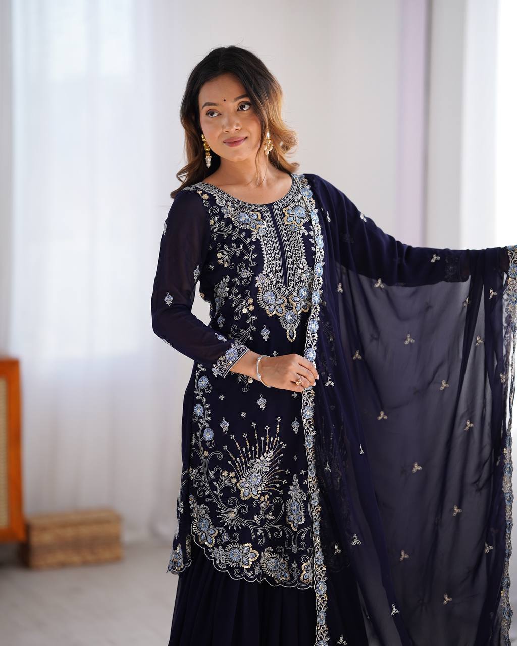 Premium Faux Georgette Sharara Set with All-Side Embroidery Work