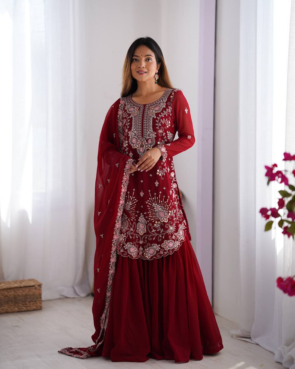 Premium Faux Georgette Sharara Set with All-Side Embroidery Work