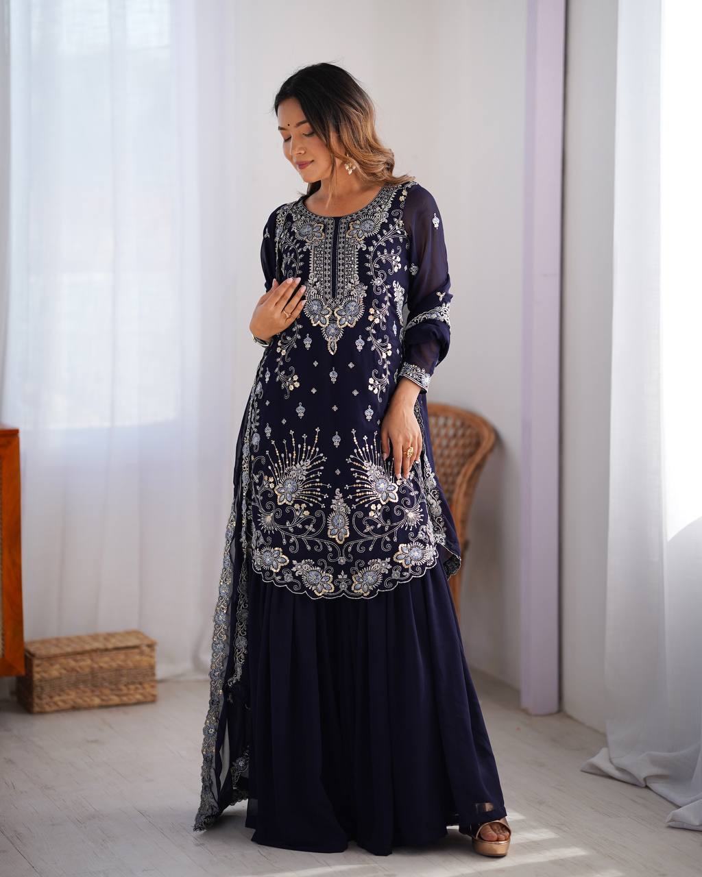 Premium Faux Georgette Sharara Set with All-Side Embroidery Work