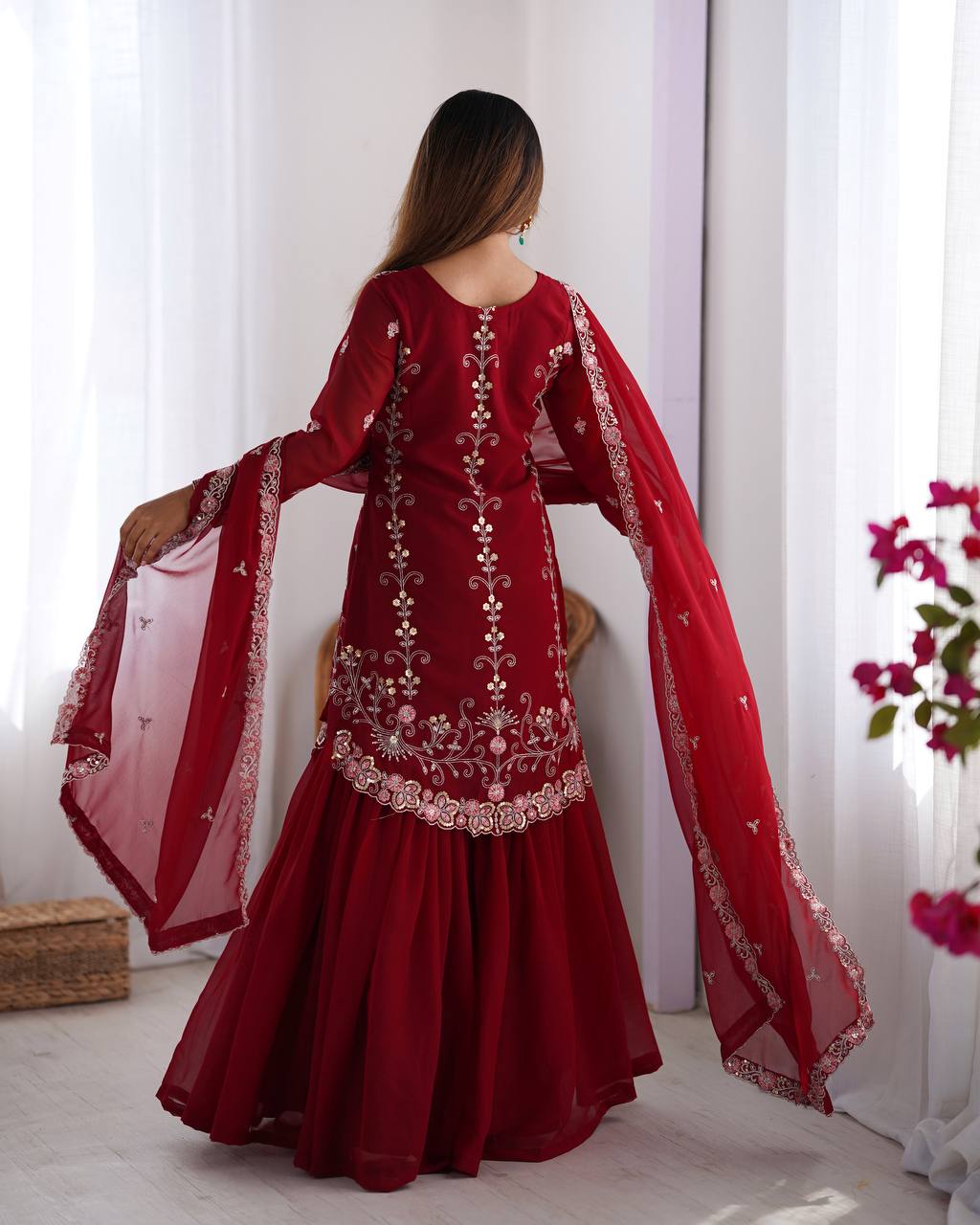 Premium Faux Georgette Sharara Set with All-Side Embroidery Work