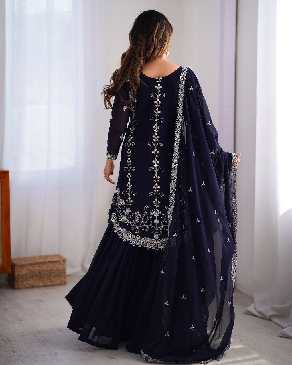 Premium Faux Georgette Sharara Set with All-Side Embroidery Work