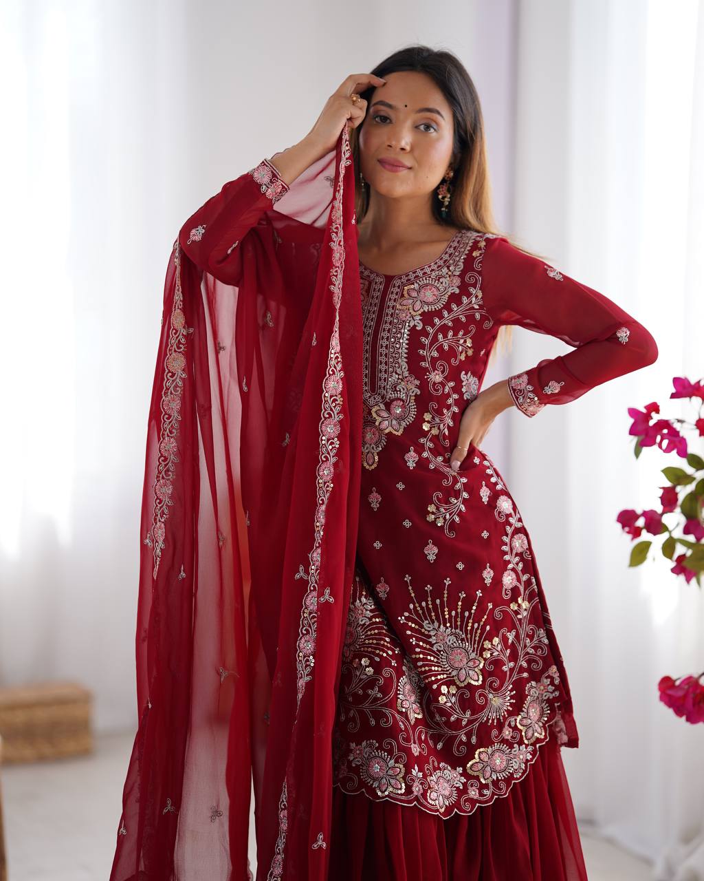 Premium Faux Georgette Sharara Set with All-Side Embroidery Work