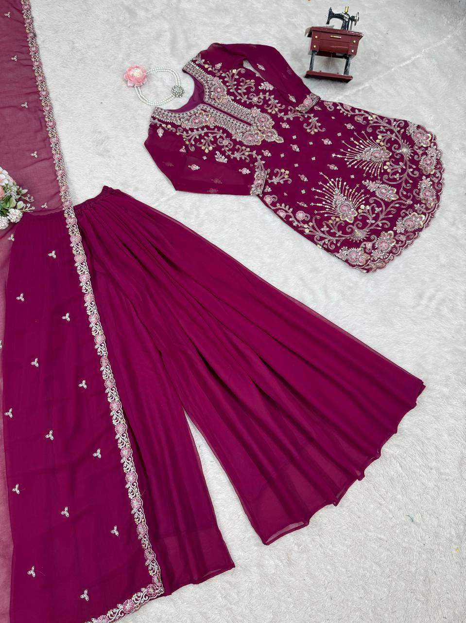 Premium Faux Georgette Sharara Set with All-Side Embroidery Work