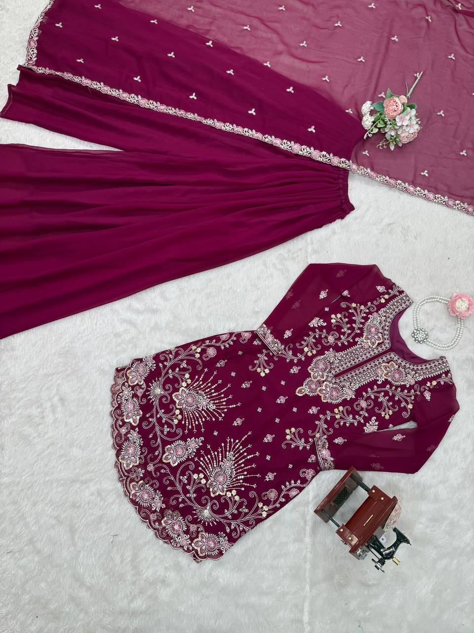 Premium Faux Georgette Sharara Set with All-Side Embroidery Work