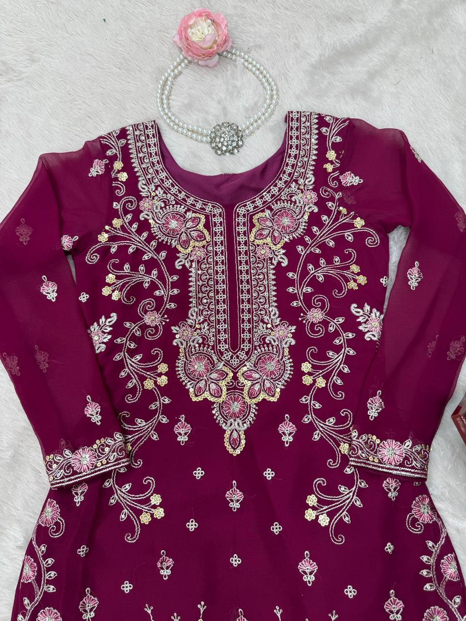 Premium Faux Georgette Sharara Set with All-Side Embroidery Work