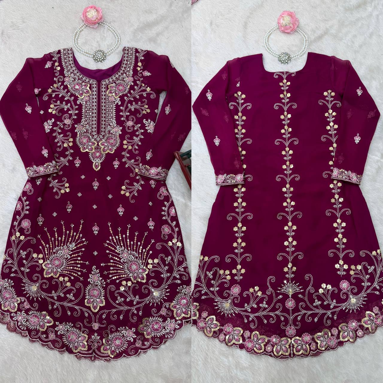 Premium Faux Georgette Sharara Set with All-Side Embroidery Work