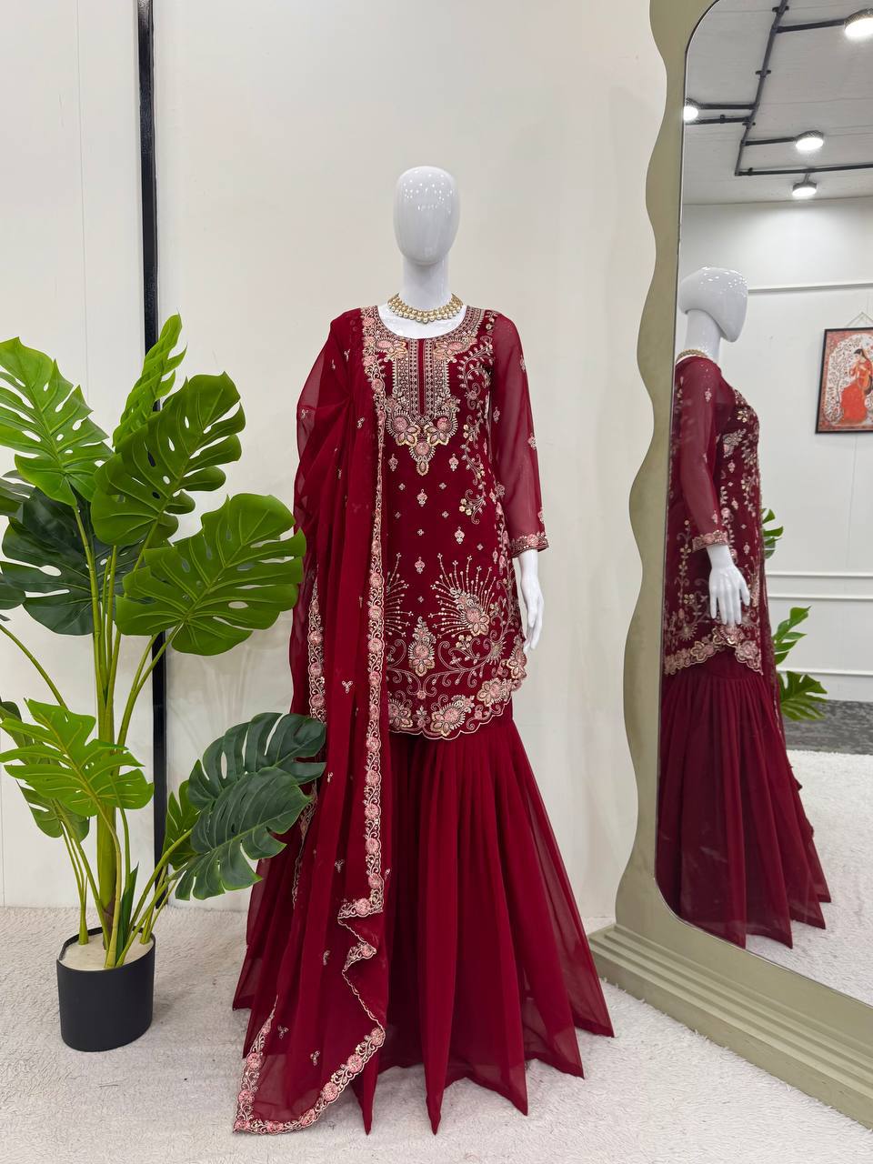 Premium Faux Georgette Sharara Set with All-Side Embroidery Work