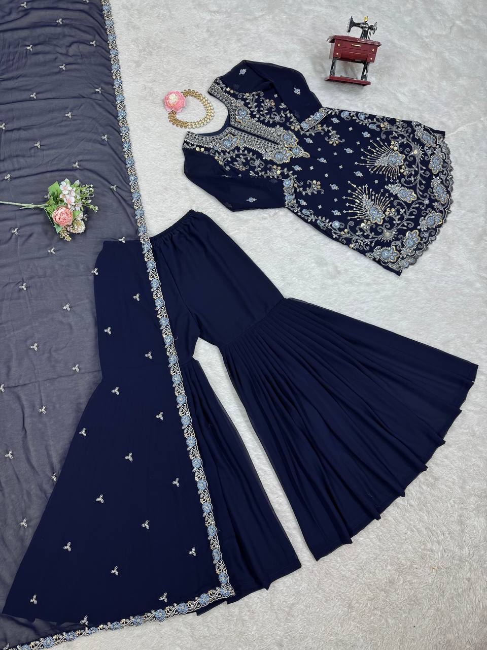 Premium Faux Georgette Sharara Set with All-Side Embroidery Work
