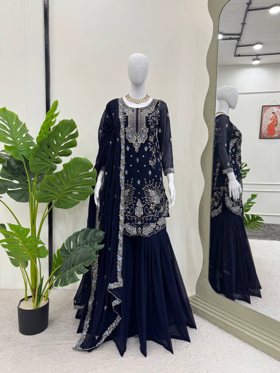 Premium Faux Georgette Sharara Set with All-Side Embroidery Work