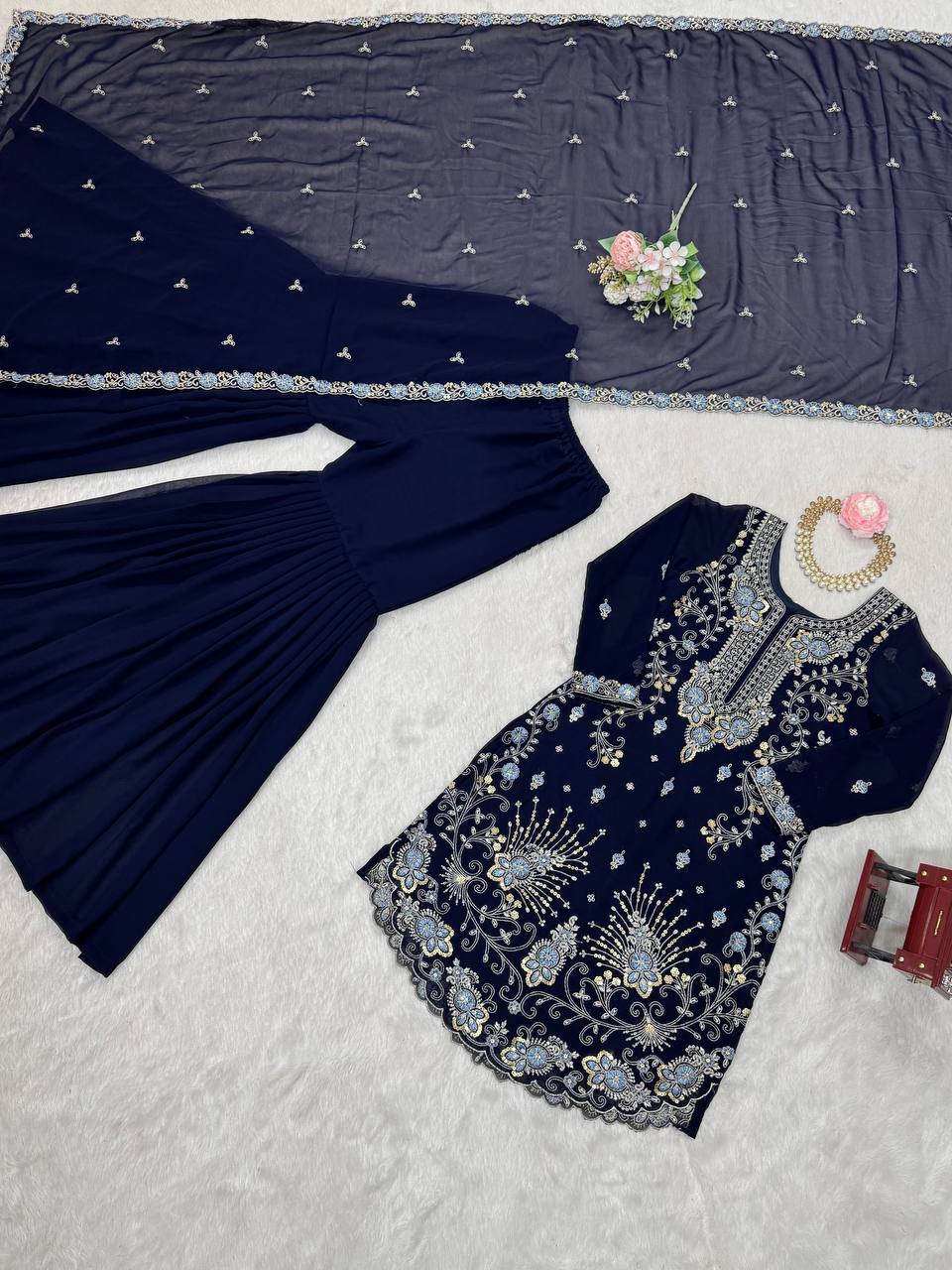 Premium Faux Georgette Sharara Set with All-Side Embroidery Work