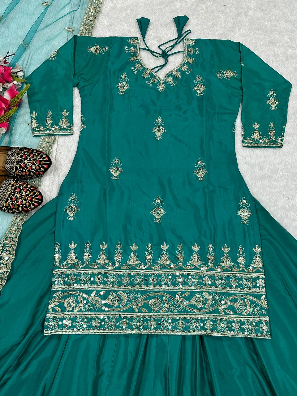 Natural Crepe Embroidered Lehenga Set with Net Dupatta